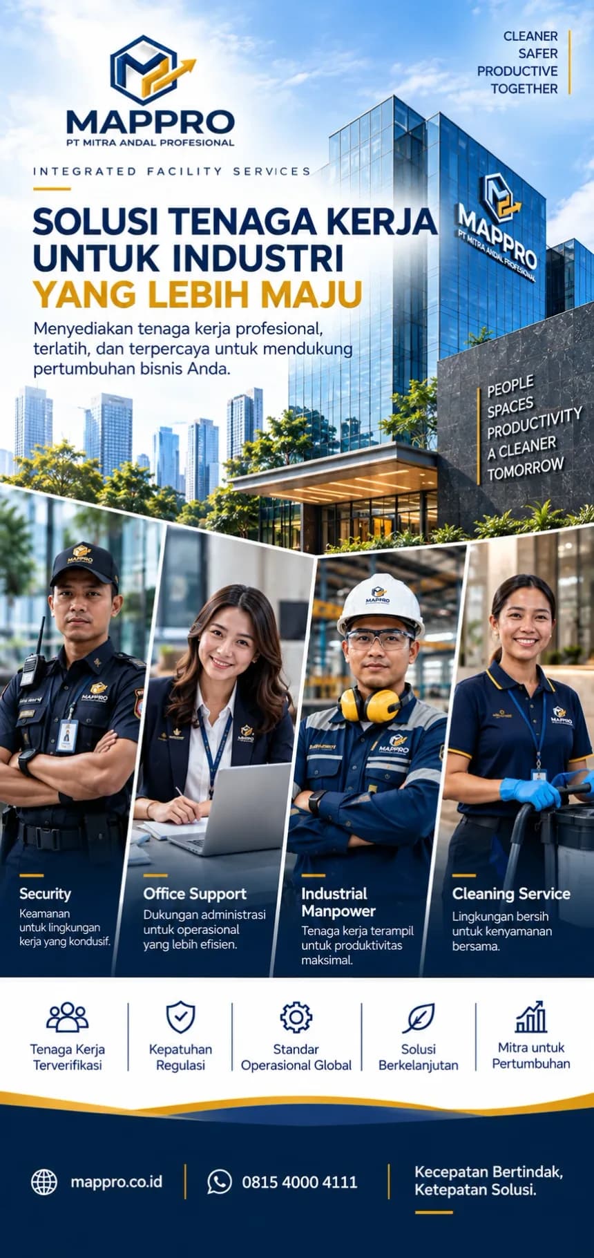 Brosur layanan fasilitas terpadu: security, office support, industrial manpower, cleaning service