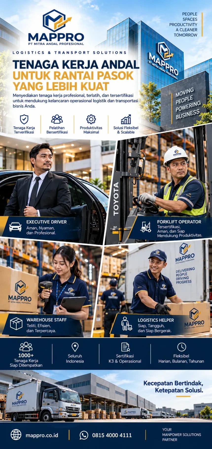 Brosur tenaga kerja logistik: executive driver, forklift operator, warehouse staff, logistics helper