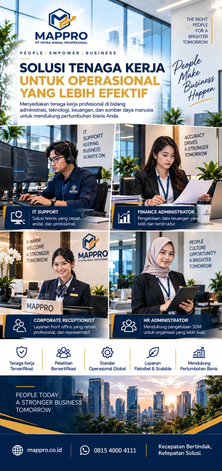 Brosur tenaga kerja perkantoran: IT support, finance administrator, receptionist, HR administrator